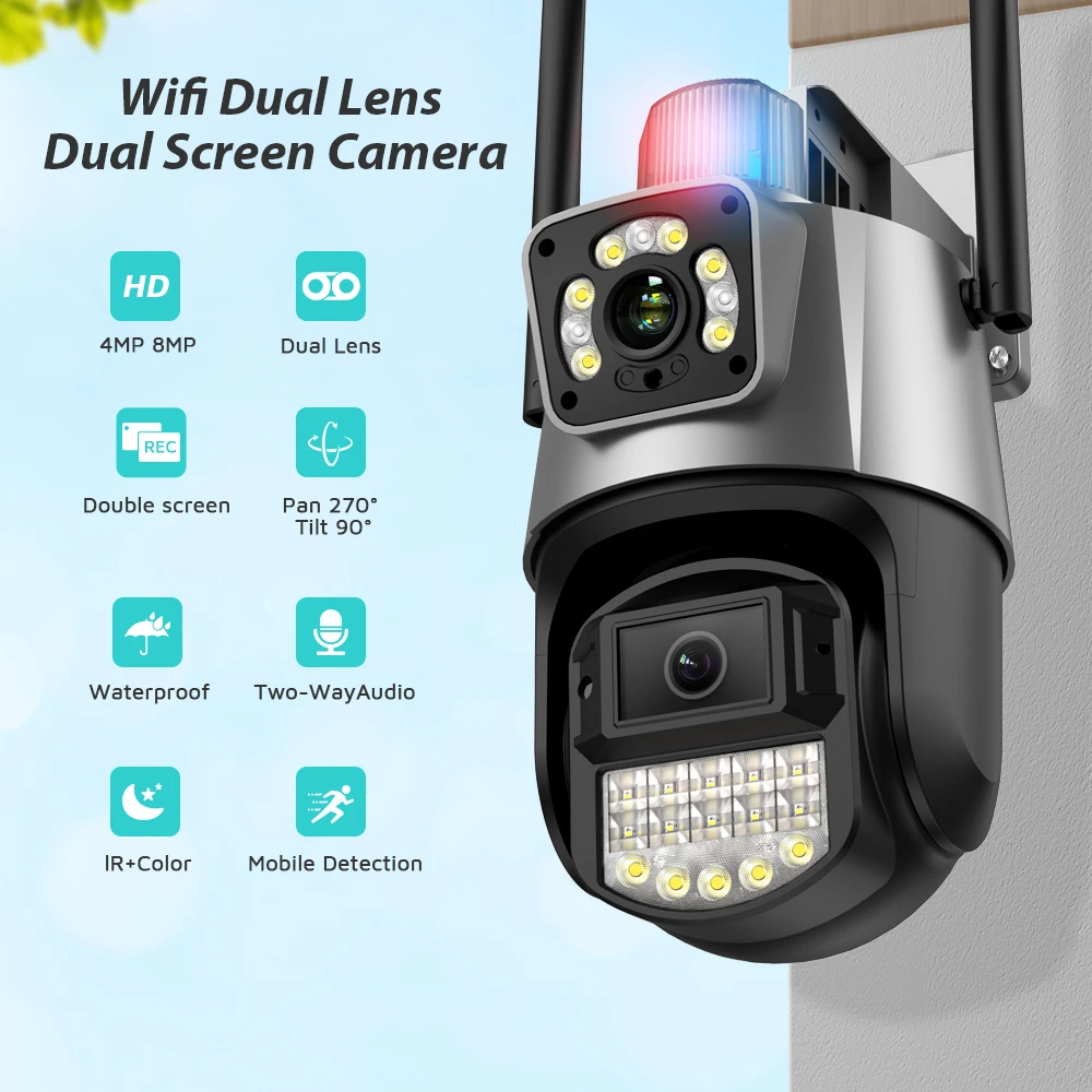 PANEPO 8MP IP Camera Outdoor WiFi PTZ Dual Lens Dual Screen Auto Tracking Waterproof Security Video Surveillance Police Light