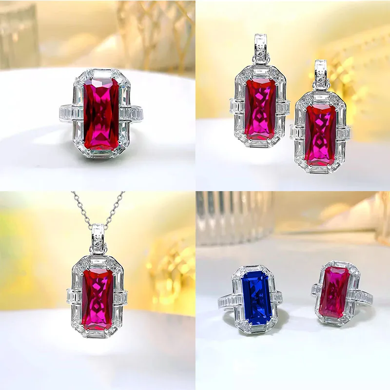 Foydjew New Red Corundum/Blue Cobalt Spinel Zircon Pendant Necklaces Drop Earrings Rings Jewelry Sets