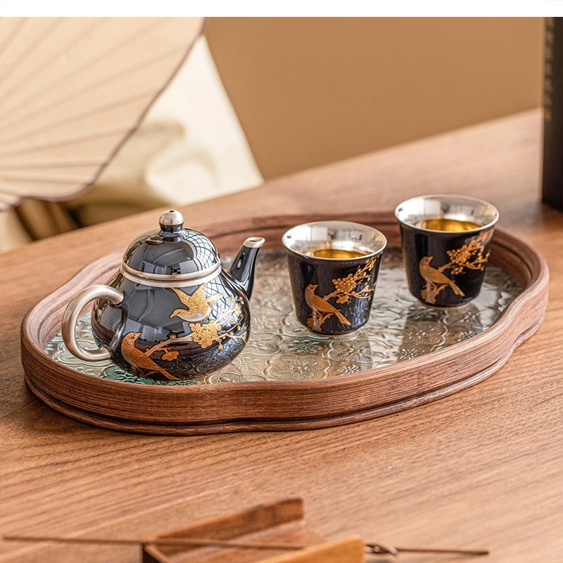 “xi shang mei shao”999 silvering Kung Fu tea sets Light luxury high-end ceramic one pot two cups home and cup set