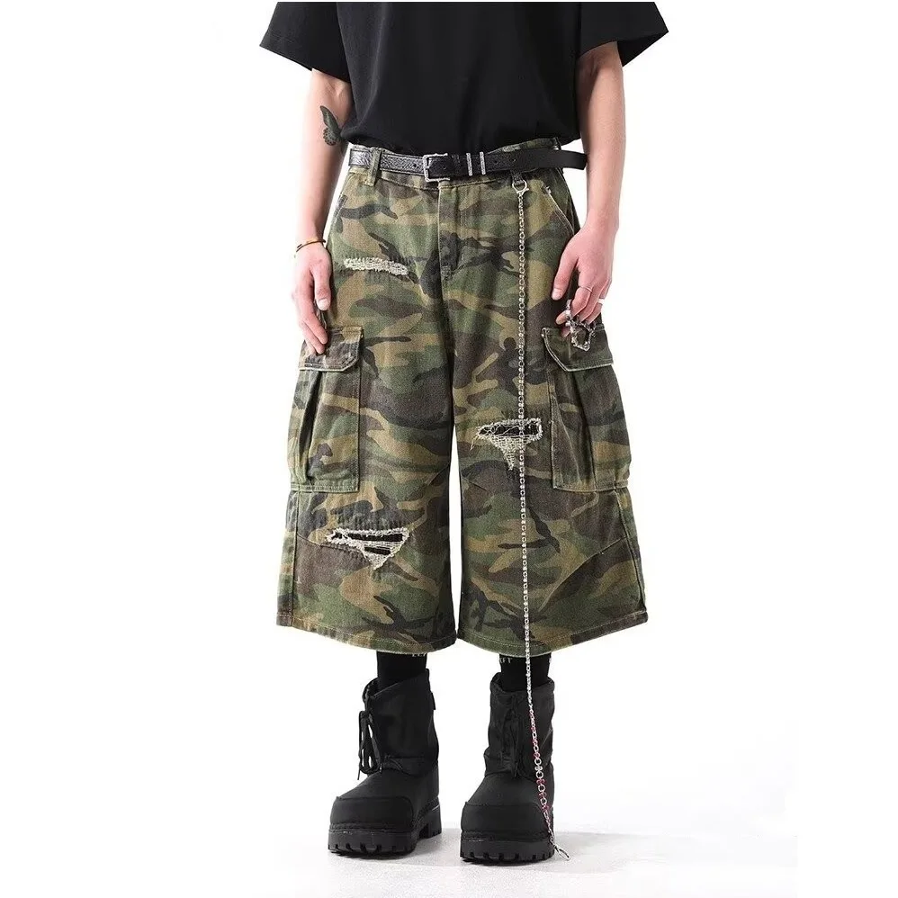 

2026 American High Street Camo Cargo Denim Capri Pants Distressed Design Straight Leg Casual Shorts For Men And Women
