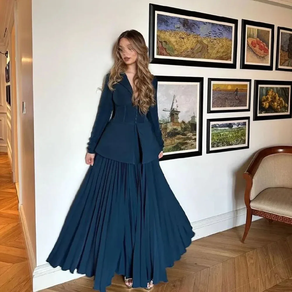 FLORINE TULIRAIN V-Neck Full Sleeve Zipper Up Navy Blue Pleated Crepe Wedding Evening Dress Cocktail Prom Gown For Sexy Women