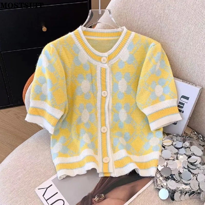 

Flower Jacquard Sweater Women Cardigans Tops 2024 Summer Short Sleeve Single-breasted Elegant Fashion Ladies Knitwear Jumpers