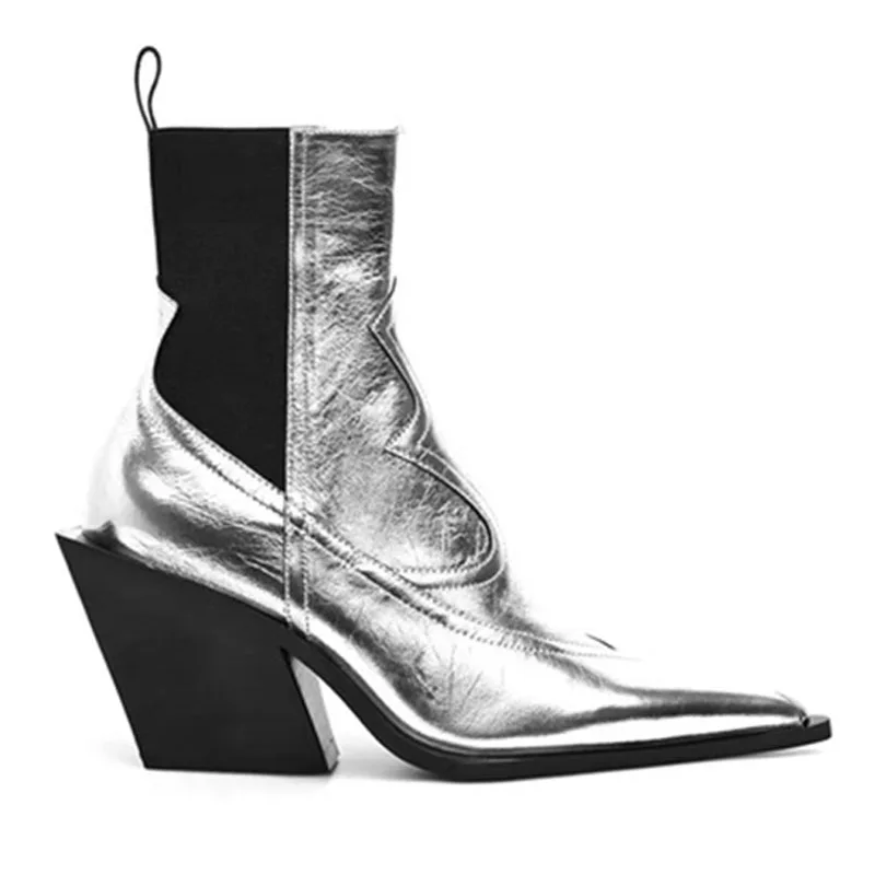 Szpiczasty nosek czarny klin Chelsea Boots Chunky lakierki elastyczne buty uniwersalne srebrne botki