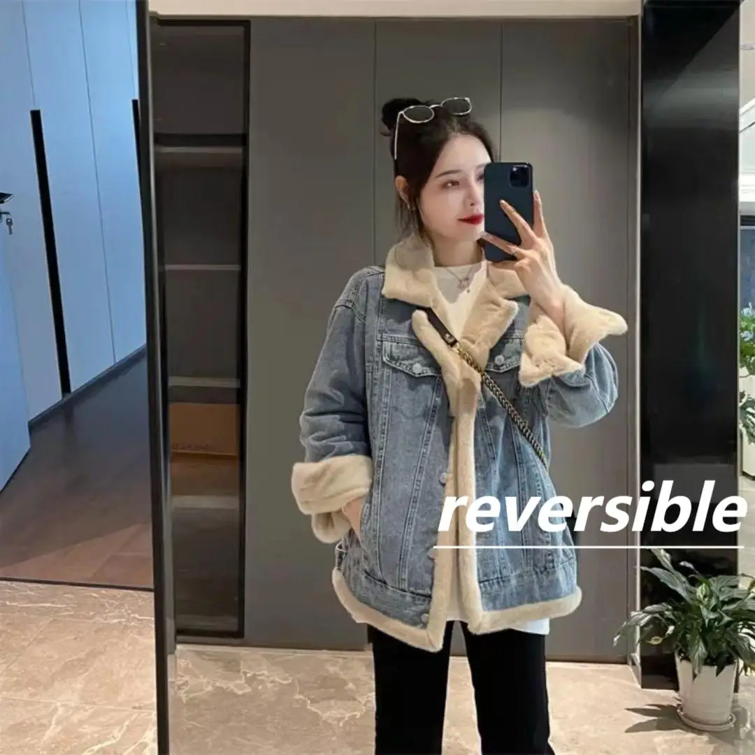 

Джинсовые пальто для женщин с лацканами и длинными розовыми рукавами, женские меховые плюшевые женские осенние пушистые верхние пальто на пуговицах в стиле пэчворк, гранж-шик