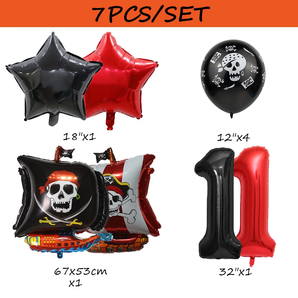 7pcs Pirate Theme Red And Black Pirate Ship Foil Balloons Halloween Kids Happy Birthday Party Baby Shower Decorations Supplies