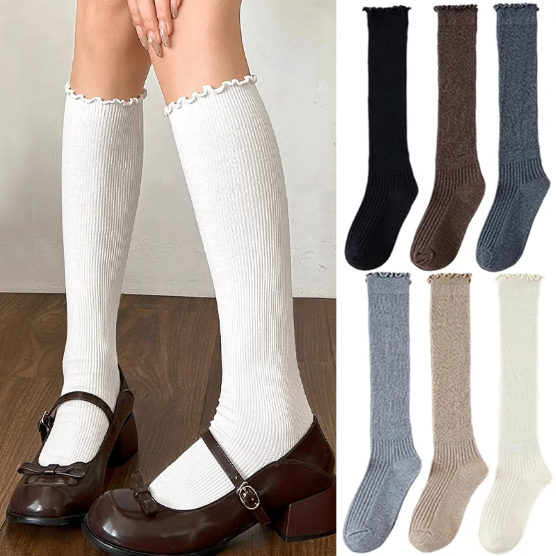 

Harajuku Japanese Ruffles Edge Pure Sock Soft Cotton Long Boots Socks for Women Autumn Thin Hosiery Solid Color Mid Tube Socks