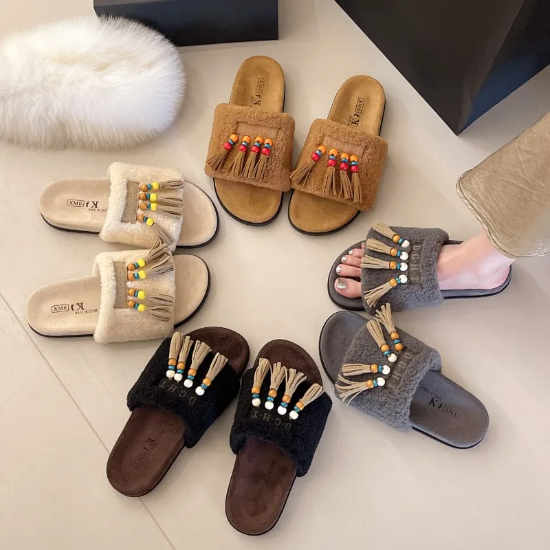 

2025 Новые модные дизайнерские тапочки с кисточками, женские роскошные меховые туфли, новые летние женские шлепанцы в стиле ретро с открытым носком на плоской подошве Женская обувь
