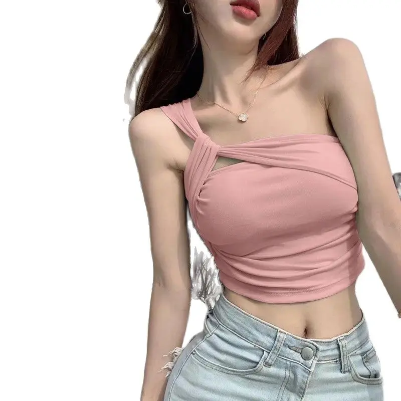 New Pink Sexy Wrap Tanks Camis T-shirt Women Hollow Out Pleated One Shoulder Off Crop Top Woman Vintage Y2K Backless Tee Shirt