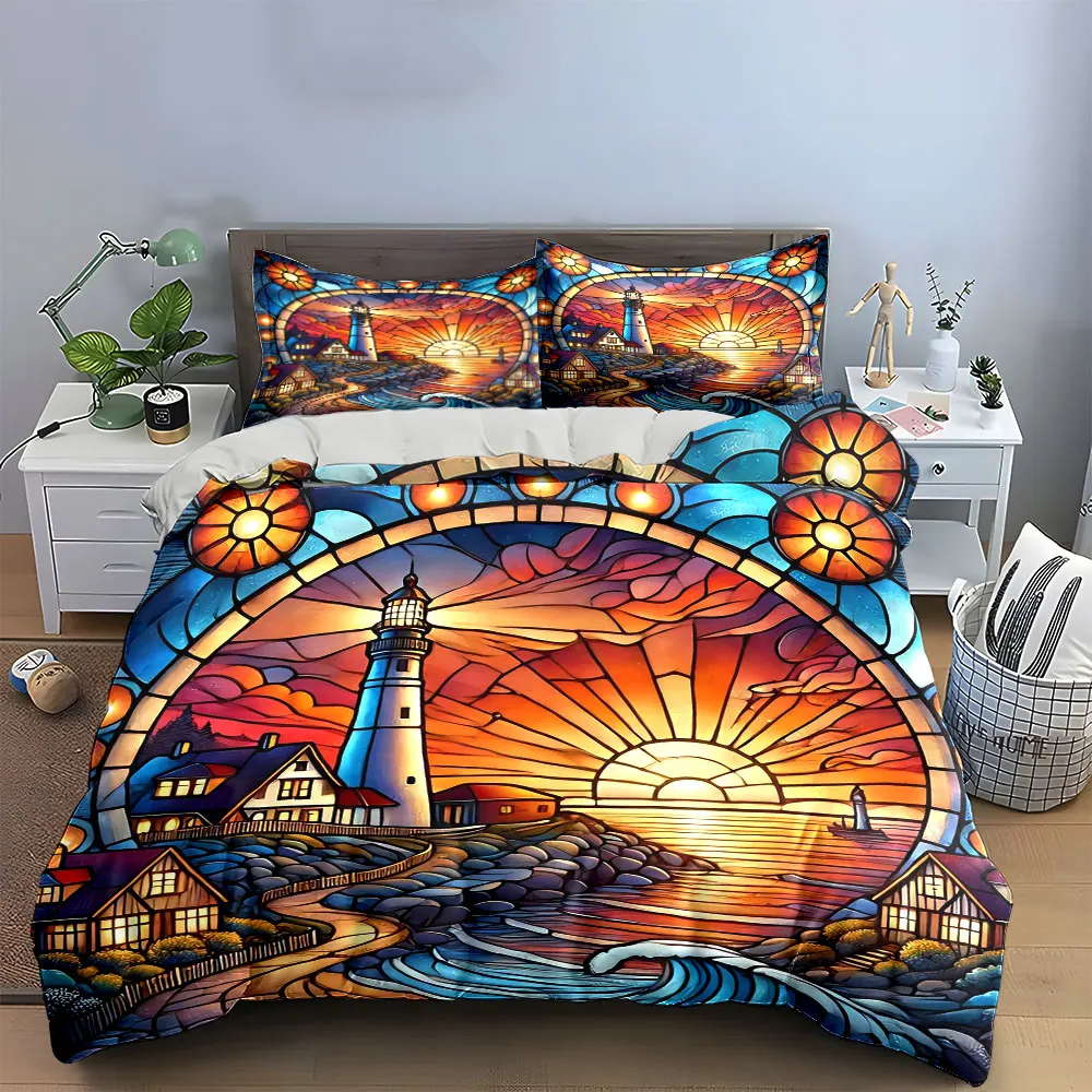 Lighthouse Sunset Stained Glass Decoration Bedding Set with 1 Duvet Cover 2 Pillowcases Single Double King Queen, Gift