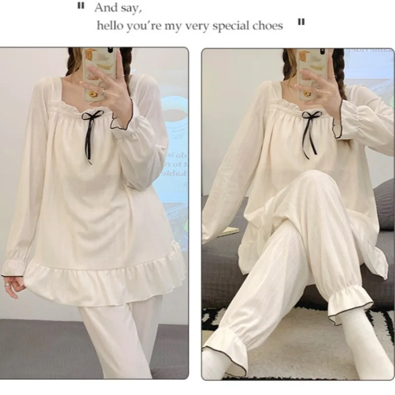 5XL Home Clothes with Chest Pad Women Plus Size Autumn Long Sleeve Two Piece Pijama Cotton Solid Soft Elegance Loose Outfits