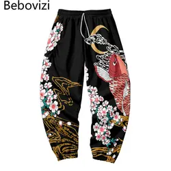 Japanese Style Fish Sakura Print Sweatpants Men Multi Pocket Long Cargo Pant Harajuku Jogger Trousers Streetwear Pants