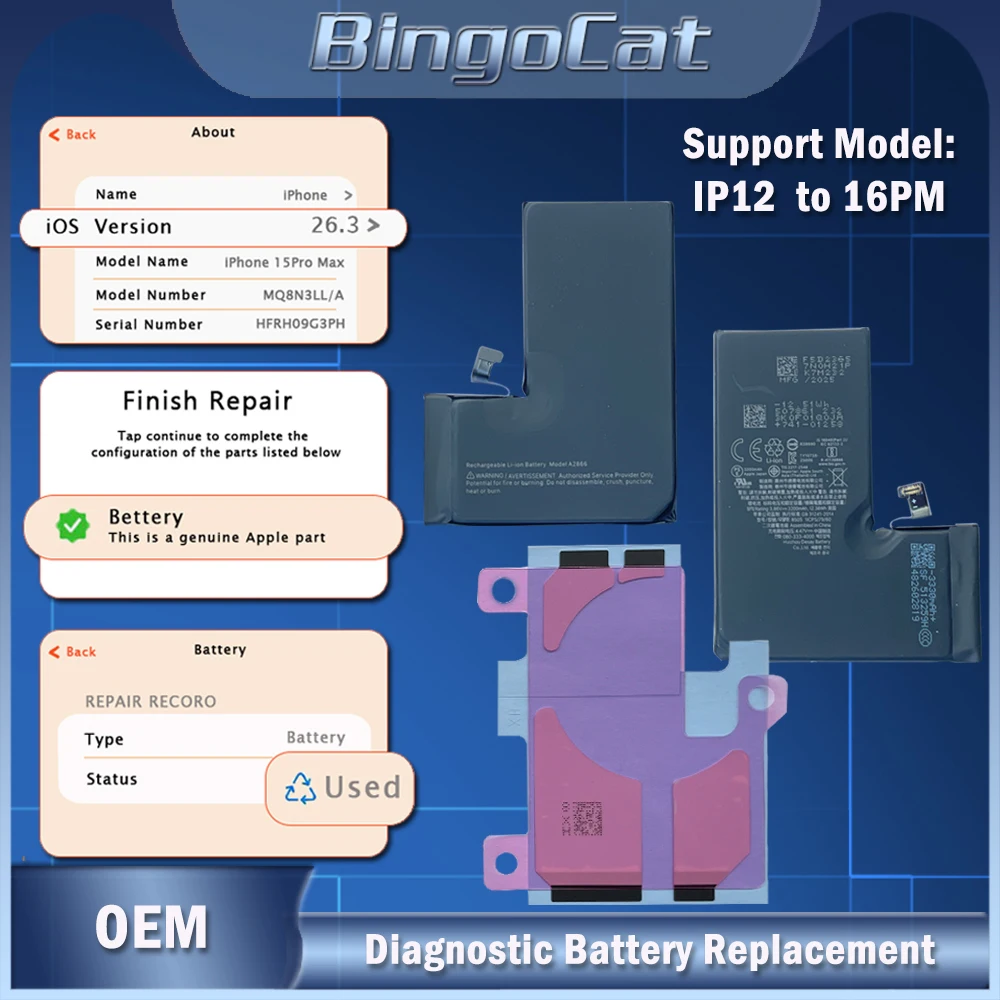 5 Stück/Set 100% Kapazitäts-Diagnosebatterie für iPhone 12 13 Pro 14Plus 15Pro 13mini Zeigt Originalteilnummer ohne Fehlermeldung Pop-up
