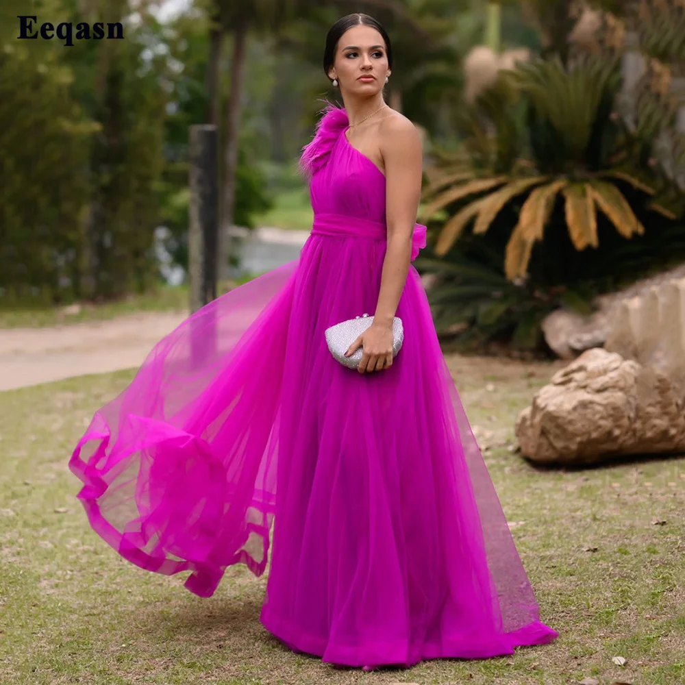 Customized One Shoulolder Feathers Prom Gowns Simple A Line Purple Tulle Sash Evening Dresses Formal Wedding Women Party Dress