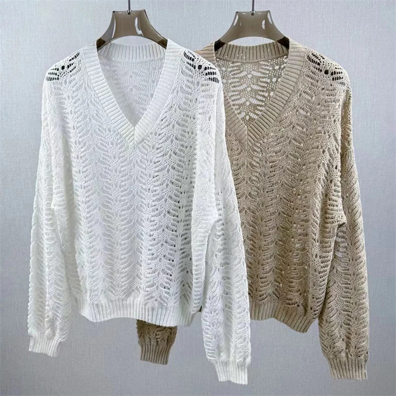 

Women's sweater New elastic knitted hollow out long sleeved top for autumn 2025 Linen blend V-neck pullover y2k casual Women top