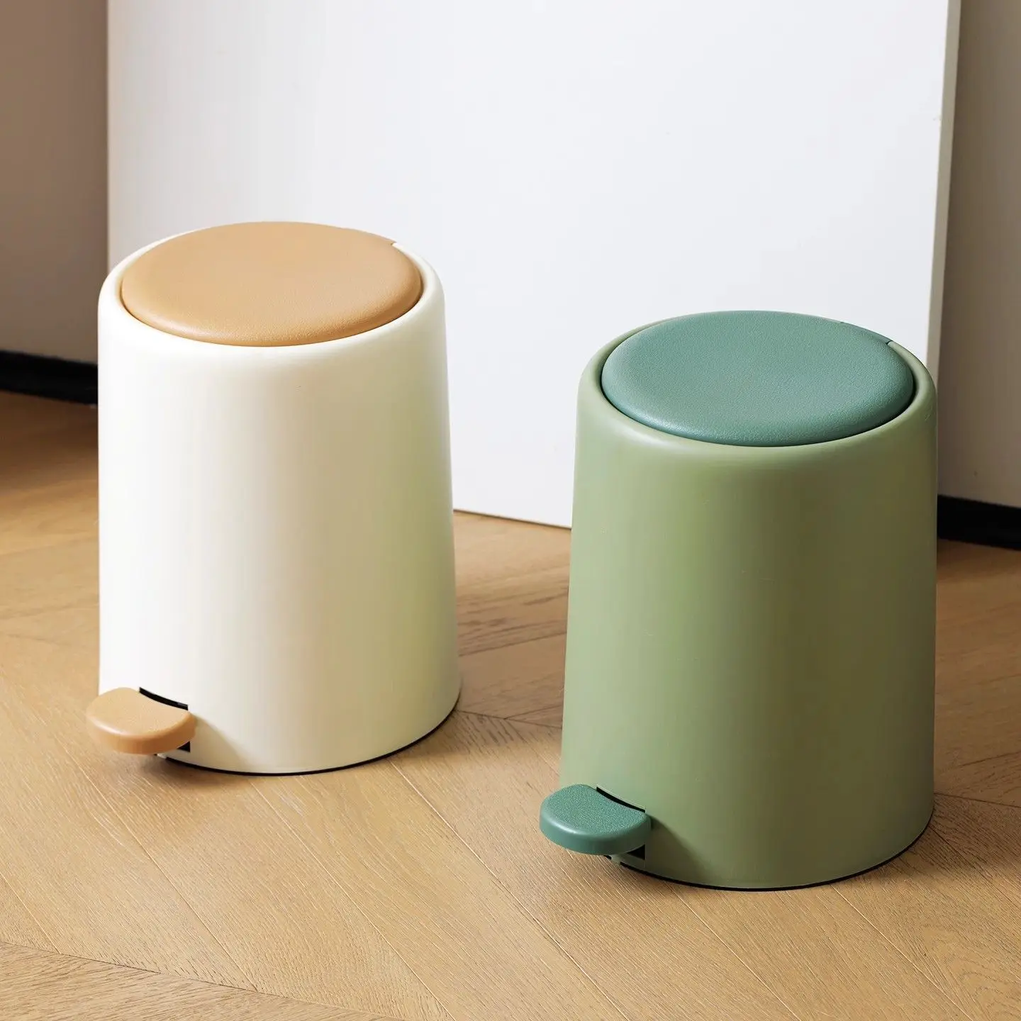 Cylindrical Foot Pedal Waste Bin With Soft Padded Lid, Dual-tone Plastic Trash Can For Bedroom Living Room Bathroom, Modern
