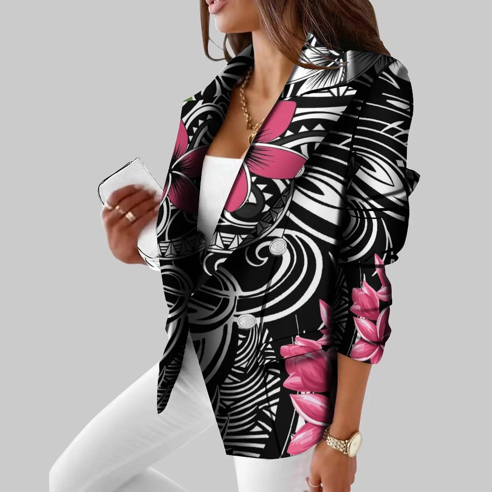 Polynesian Custom Women\'s Suit Retro Hawaiian Ethnic Tribal Design Print Leisure Long Sleeve Suit Kimono Cardigan Comfortable Su