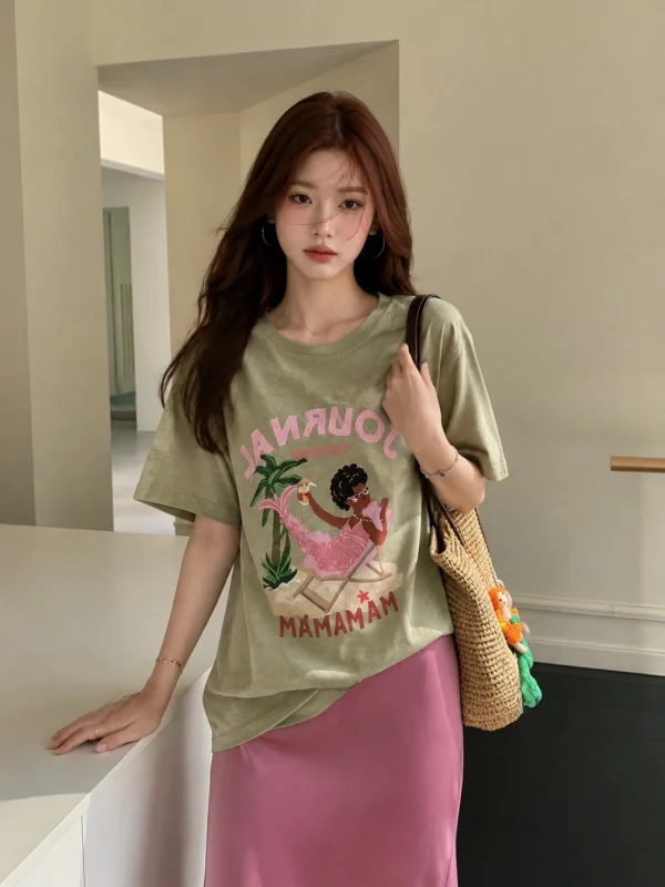 Loose Comfortable plus Size round Neck Printed Short Sleeve T-Shirt Korean Style Casual Top for Women Daily Wear