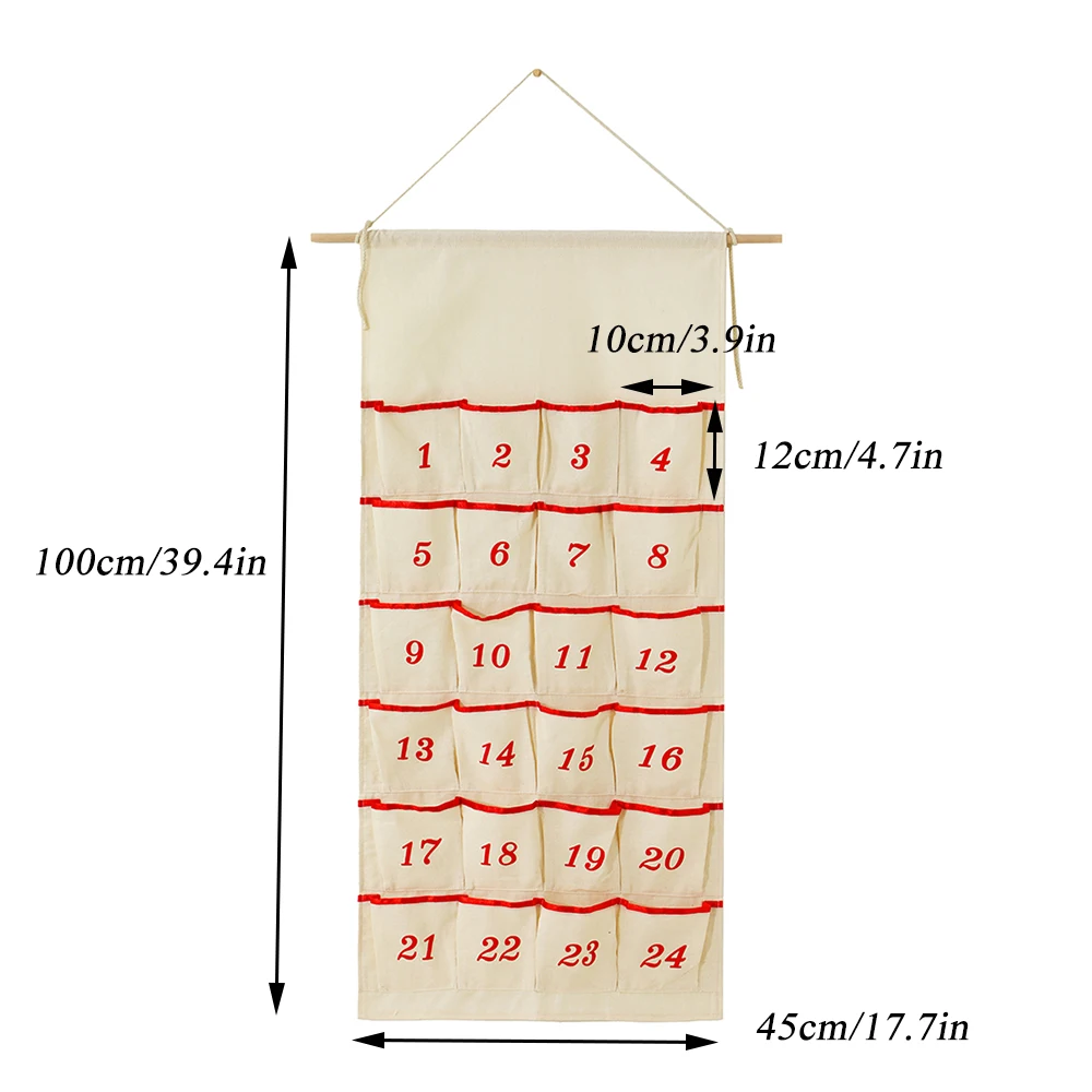 Christmas Advent Calendar Count Down 24 Pockets With Ribbon Trim String And Wooden Rod Screen Printed Number Party Decor