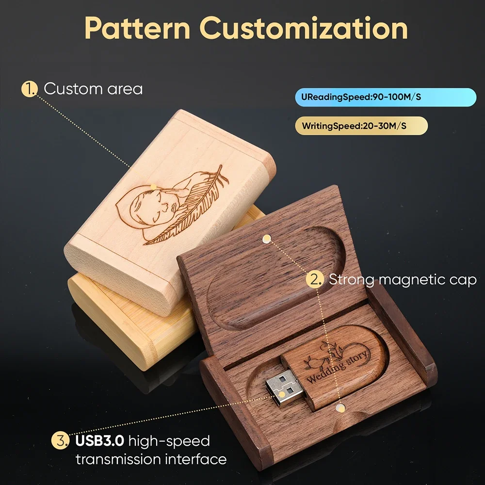 JASTER High Speed USB 3.0 Flash Drive 64GB 1PCS Free Customized Logo Wooden Memory Stick 32GB Walnut Photography Gift Pen Drive