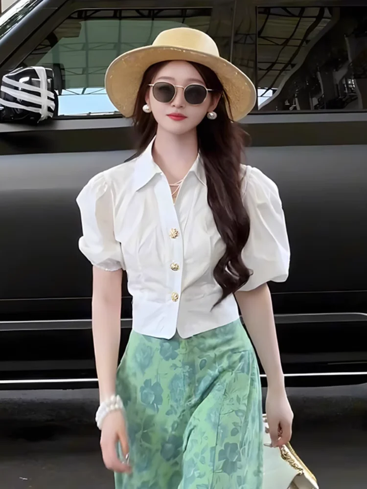 

Retro V-Neck Bubble Sleeve Shirt Women's Summer Elegant Fashion Slimming Short Beautiful White Top French Style High Waist