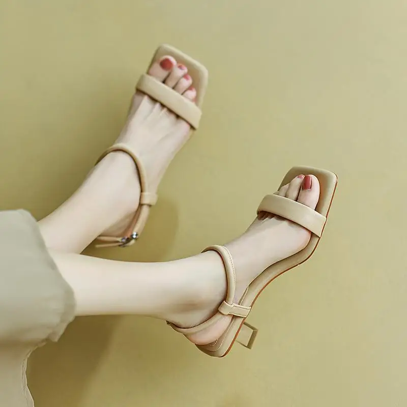 2024 New Leather Shoes Women Retro Square Toe Women Sandals Fashion High Heel Sandal Tacones Women's Gladiator Sandals Zapatos