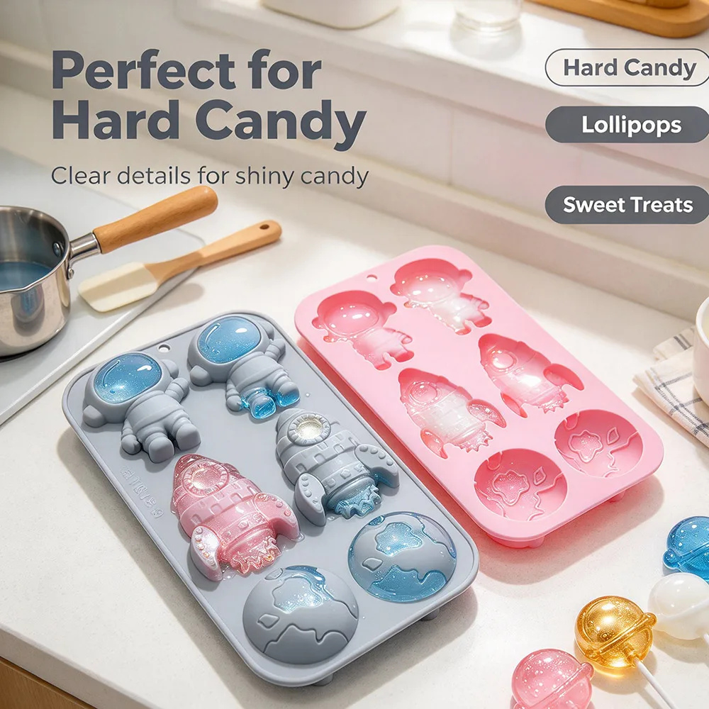 Space Astronaut Silicone Mold,6 Cavity Astronaut Rocket Earth Planet Chocolate Mould for Candy Cake Decorating,Fondant Soap Mold