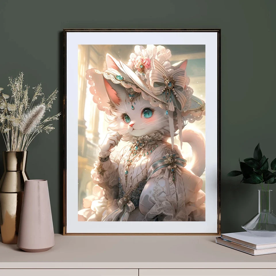 Diy 5d Diamond Painting  Animal Role Play Full Round Diamond Embroidery Mosaic Lady Cat Cross Stitch Kits Home Decoration