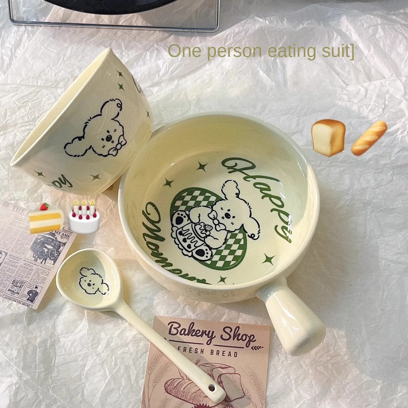 Underglaze color ins cream cute puppy ceramic handle bowl tableware set hand handle rice bowl dormitory student children