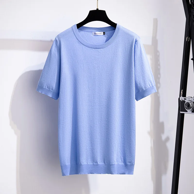 Large Size Women Clothing Solid Ice Silk Knitted T Shirt Women Cool Show Thin 150kg Short Sleeve T-shirt Women Oversized T Shirt