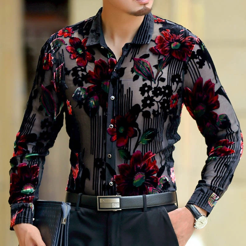 Men Club Party 2019 New DJ Prom Shirt Short Sleeve Chemise Homme Transparent Flower Velvet Shirt Men See Through Lace Shirt