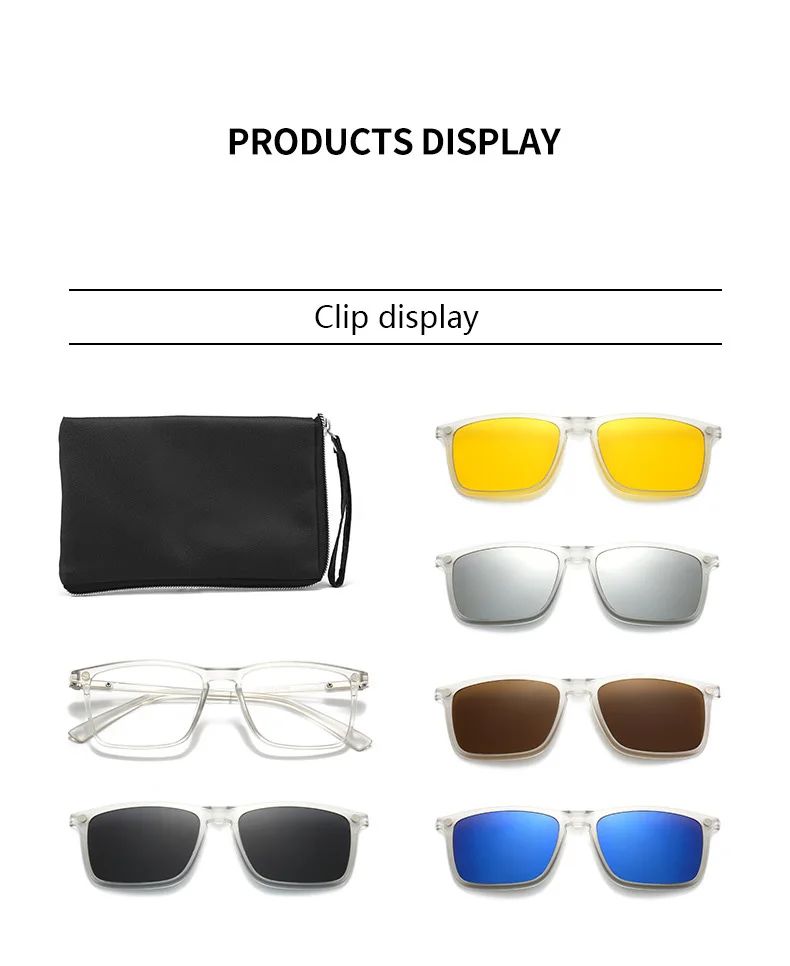Transparente Damen-Sonnenbrille mit quadratischem Rahmen, 6-in-1-Brille mit magnetischem Clip, polarisierte Nachtsichtbrille für Herren – Detail 13