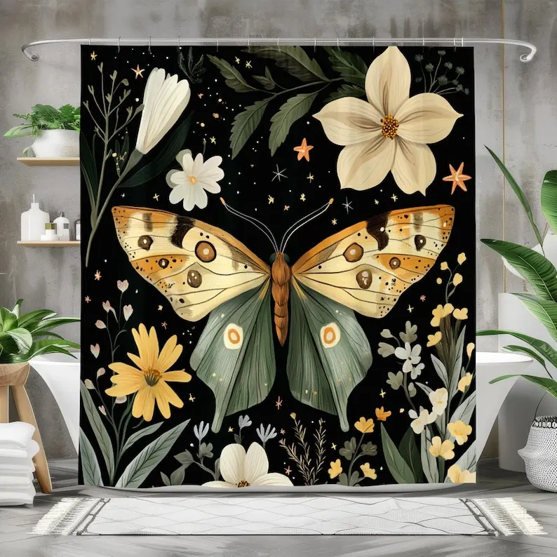 Moth Floral Shower Curtain, Vintage Insect Art Bathroom Decor, Cream and Gold Flowers on Black Fabric Curtain for Boho