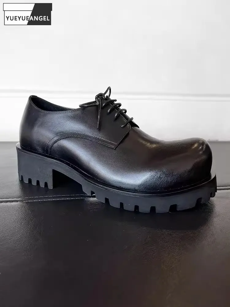 

Mens Designer Platform Shoes Lace Up Big Round Toe Thick Soled Derby Shoes Business Casual Black Genuine Leather Dress Shoes Men