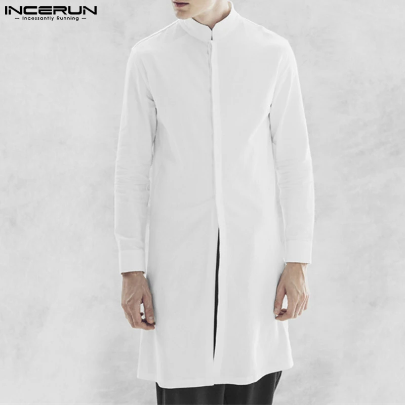 2023 Men Shirt Solid Stand Collar Long Sleeve Muslim Shirts Kaftan Streetwear Cotton Islamic Arabic Men Clothing INCERUN S-5XL