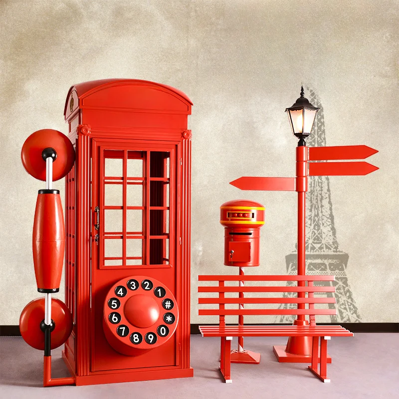 Retro Iron Art Telephone Booth Set Outdoor Large Prop Decoration