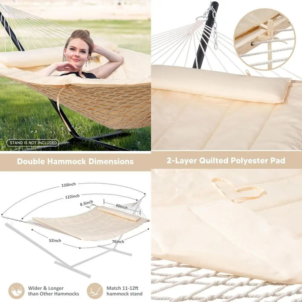 

Гамак для двоих на открытом воздухе с подкладкой, бежевый, вместимость 475 фунтов для подставки