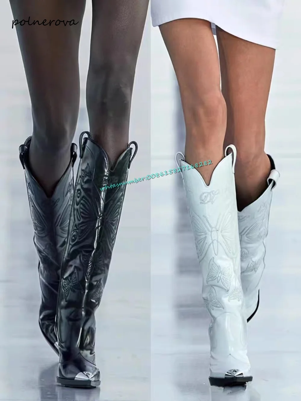 

Fashion Butterfly Embroidery Runway Boots Stiletto Heel Knee High Boots Metal Toe Shoes for Women 2023 Autumn Newest Luxury Sexy