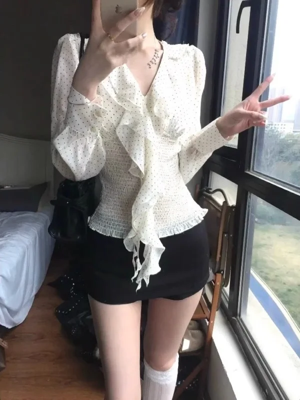 

Spring New plus Size Pure Desire Wave Dot Lace Trimmed V-neck Slimming Waist Shaping Snowflake Blouse Korean Style Commute Wind