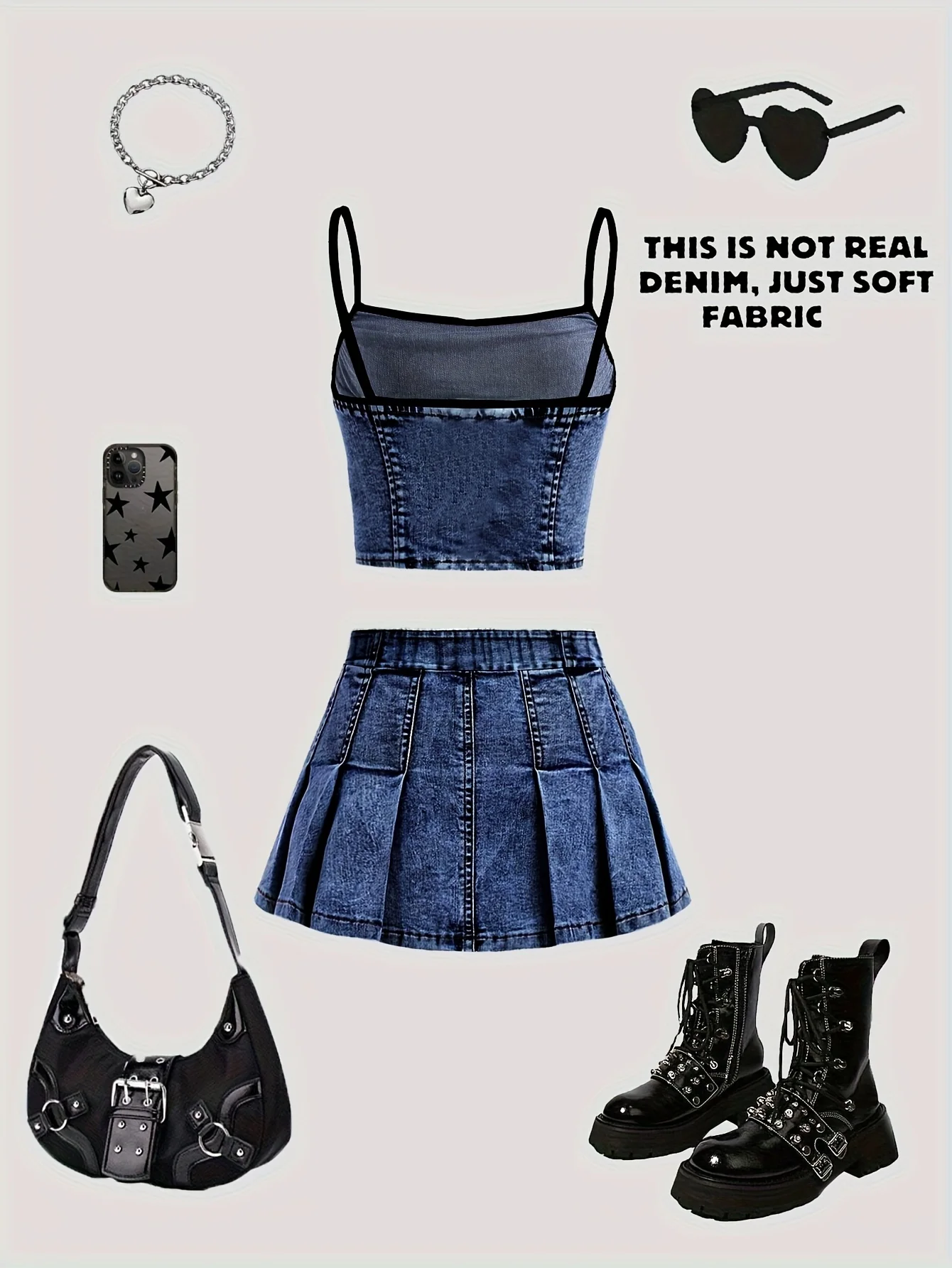 Girls' Casual Short Skirt Set, Faux Denim Camisole Top and Short Skirt Two-Piece Set, Dark Blue Faux Denim Pleated Skirt, Fashionable and Versatile, Suitable for 8-12 Year Old Teenage Girls, Clothing for Various Occasi