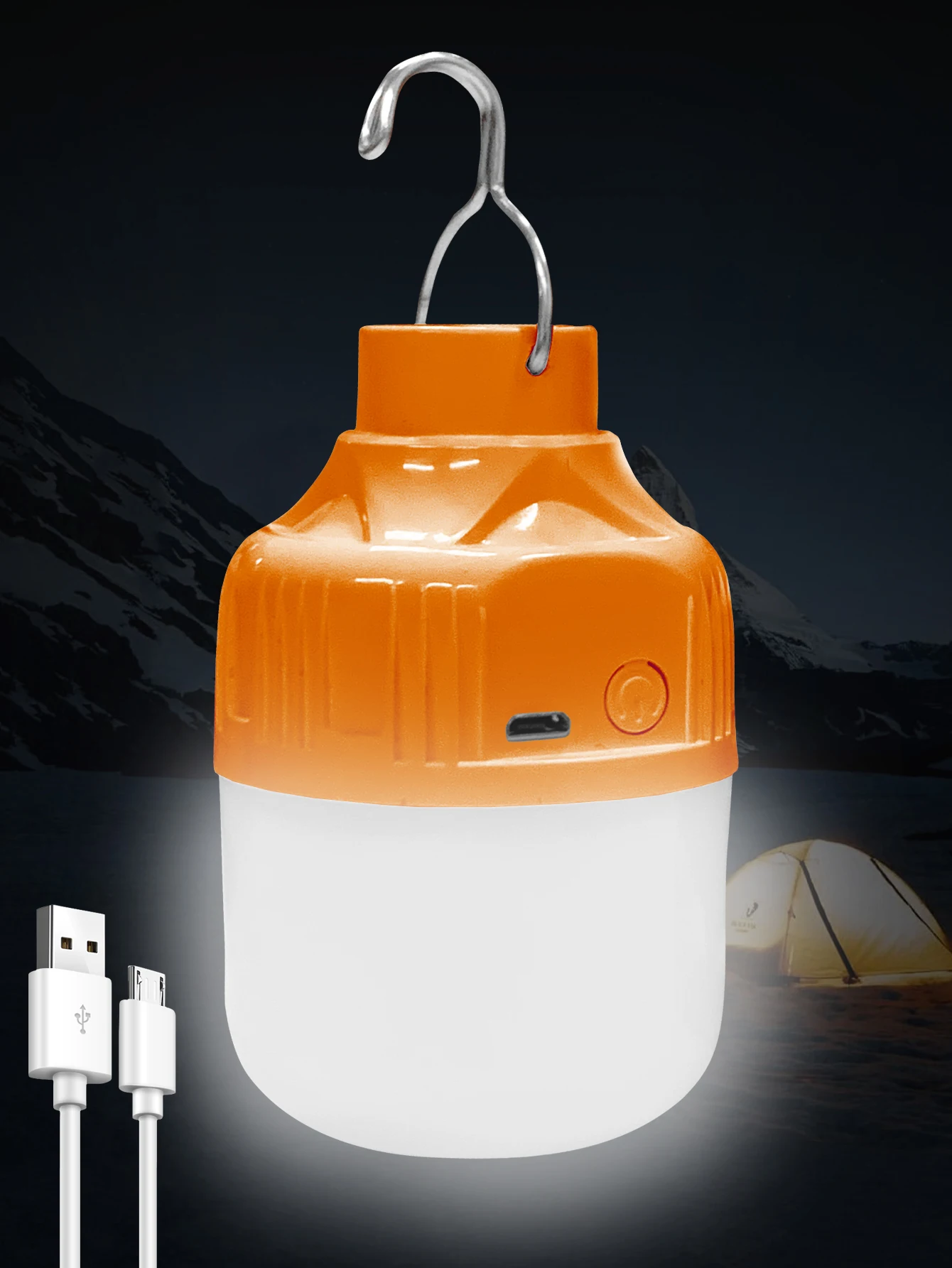 

300 мАч, 3-скоростной белый свет, оранжевый, зарядка через USB, светодиодная лампа с крючком, светильник для кемпинга, аварийное освещение для отключения электроэнергии