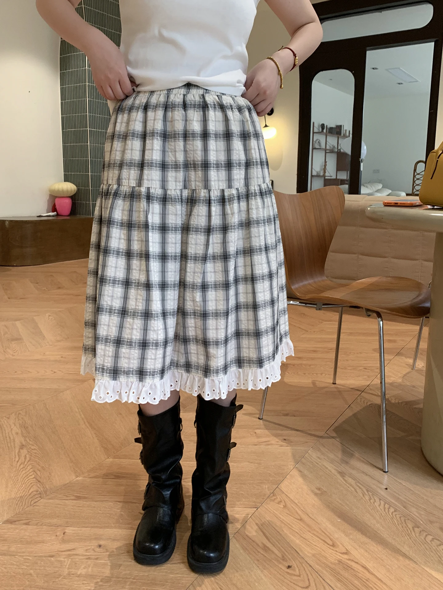 

Юбка миди Xuanxuan College Sle плиссированная женская с высокой талией, А-силуэт, с кружевной отделкой, модная, весенняя, из смесового хлопка