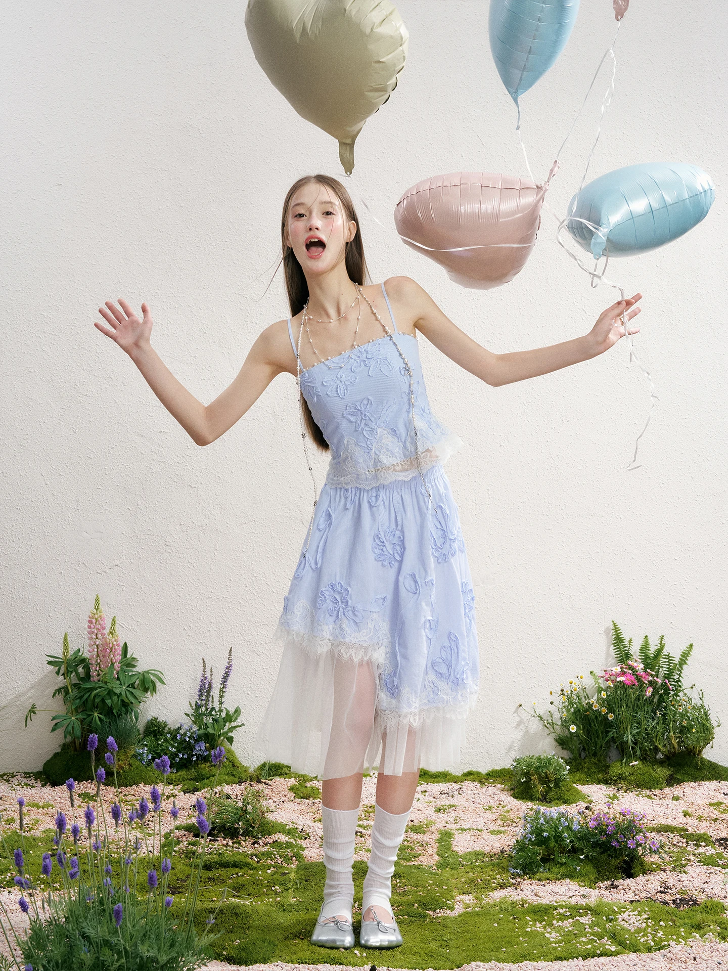 

Summer Fairy Feel Set Women Gentle Heavy Strap Half Skirt Two Piece Set Street Style Lace mid Length Spring Summer Floral