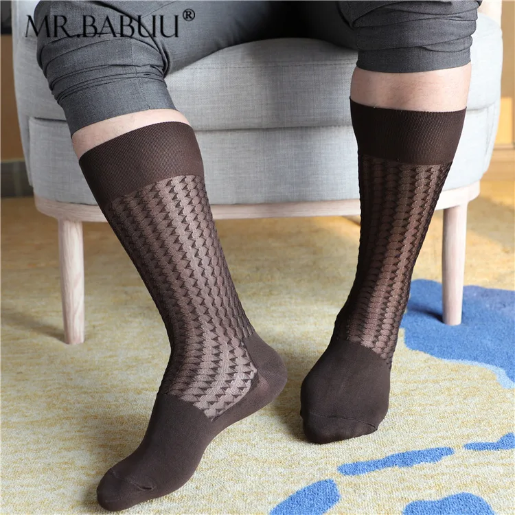Men's Formal Dress Socks Retro Wave Design Elastic Sheer Stocking Middle Tube Nylon Socks