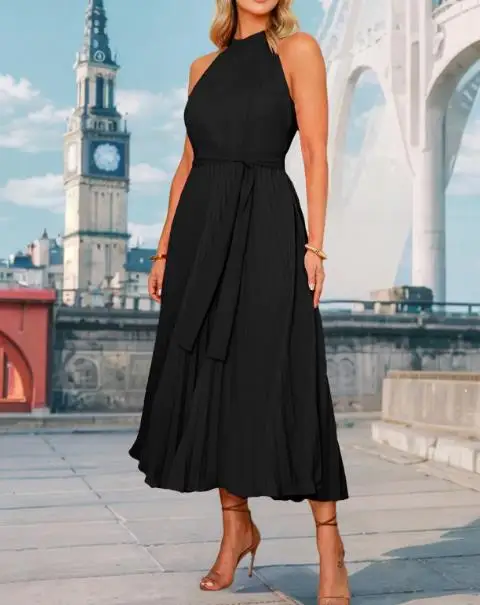 

Summer Women's Sexy Sleeveless Stand Up Collar Pleated Skirt Solid Color Round Neck Hanging Neck Sleeveless Waist Cinching Dress