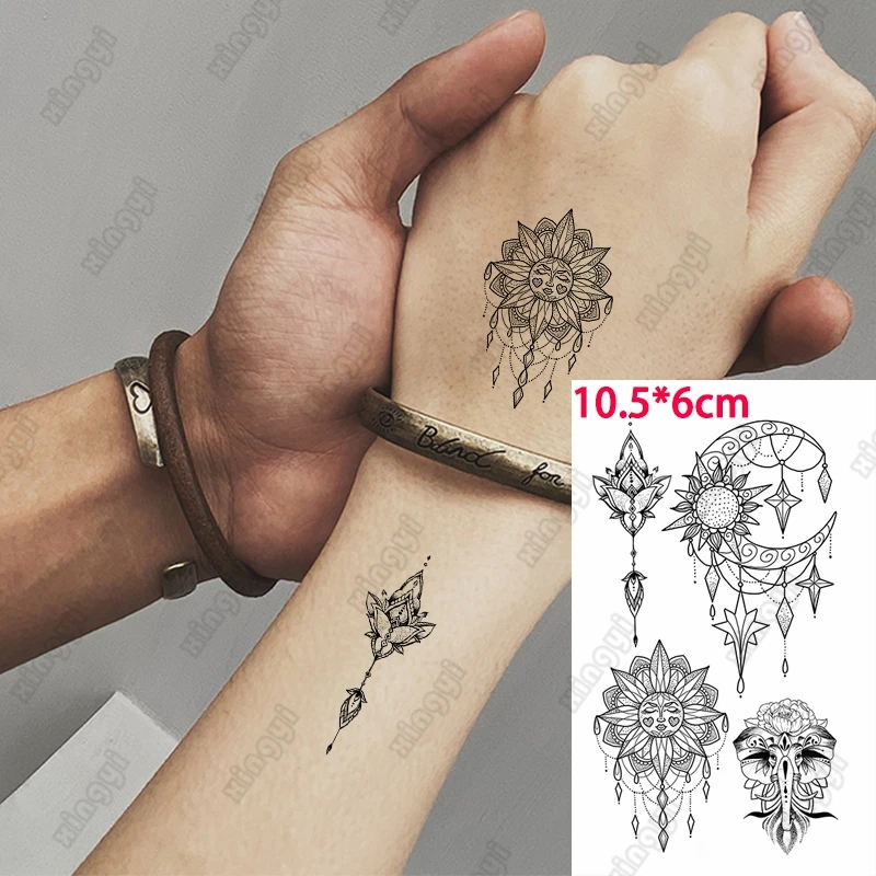 Mandala Moon Sun Temporary Tattoo Sticker Small Mini Elephant Butterfly Tatoo Arm Hand Wrist Leg Men Women Glitter Tattoos Kids