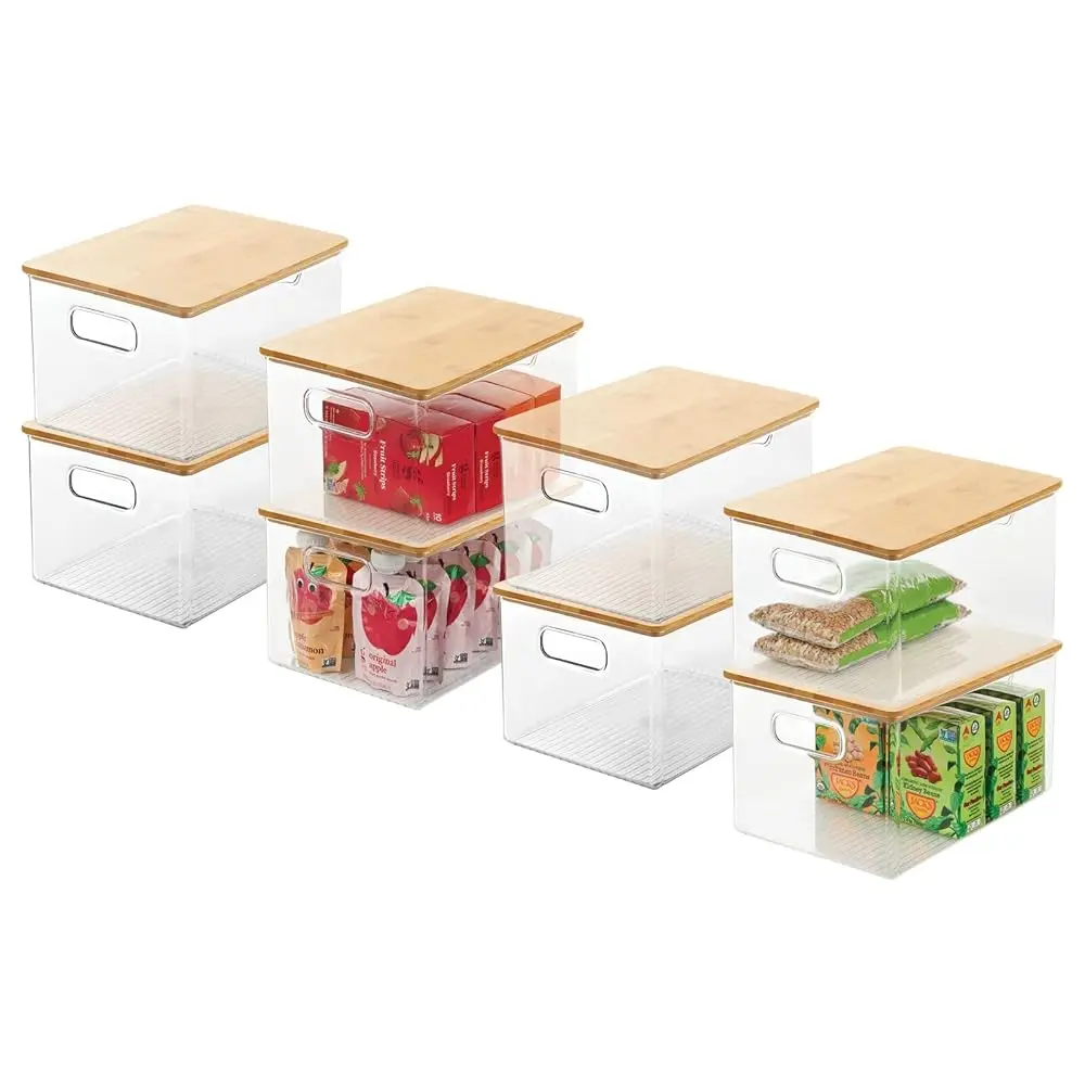 

Plastic Stackable Kitchen Pantry Cabinet, Food Storage Bin Box With Built-In Handles And Bamboo Lid - Organizer For Fruit,