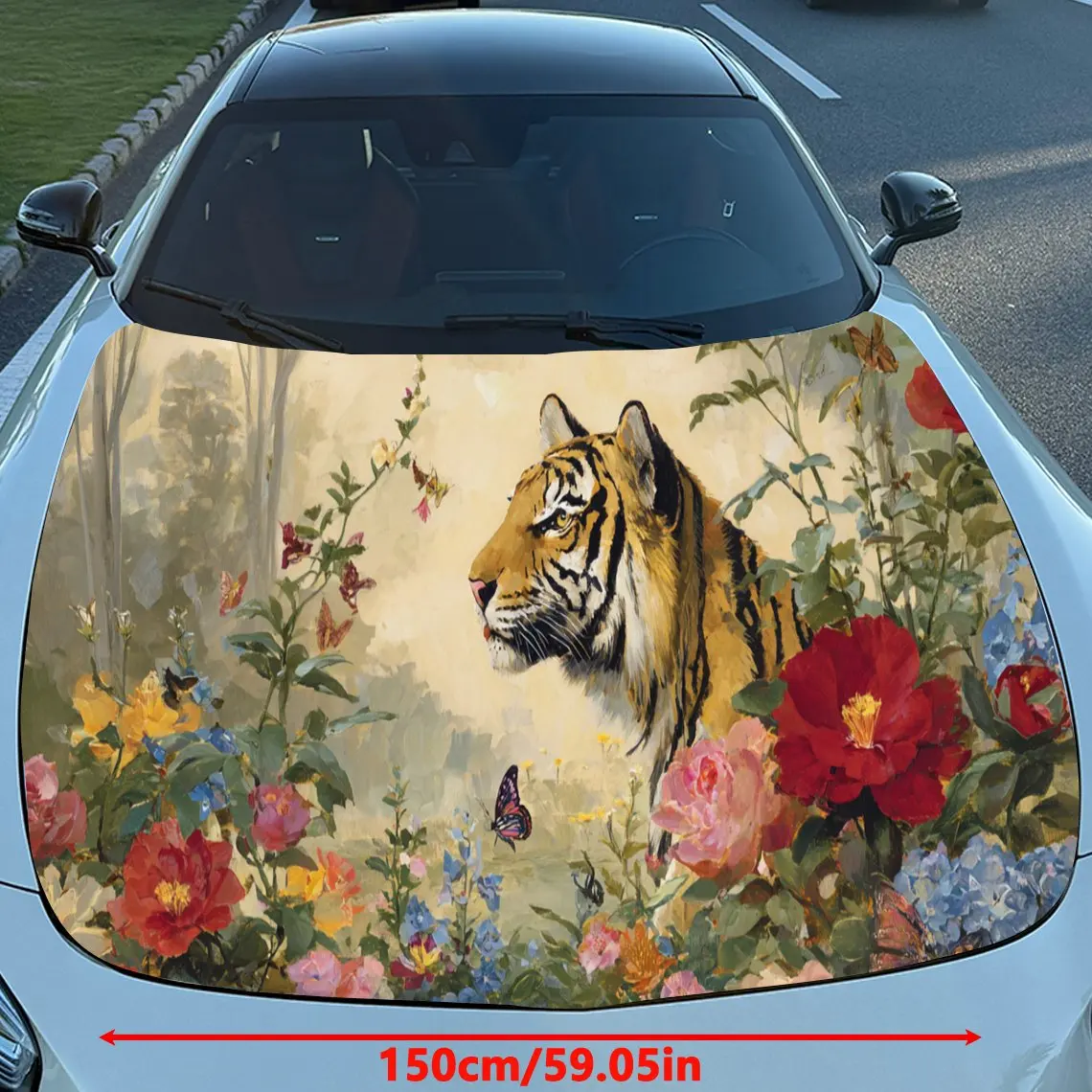 Floral Tiger Car Hood Stickers - Self-Adhesive, Waterproof and Durable Vinyl Wrap, Decorate And Protect Your Car, Fit For All Ca