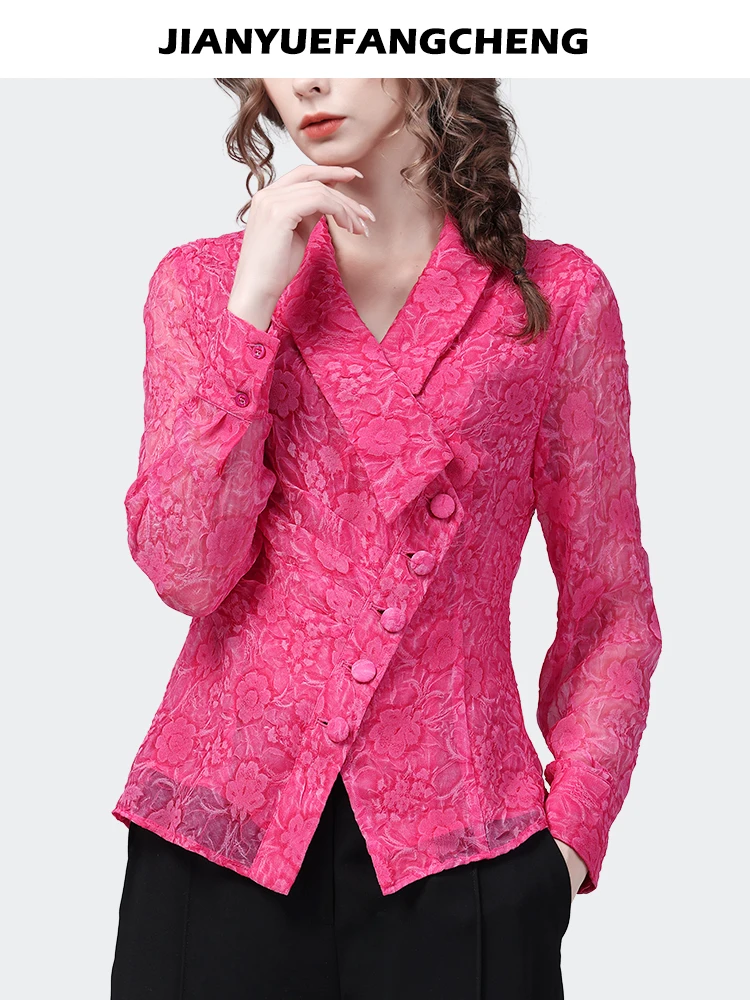 Fashion Magenta Floral Chiffon Blouse Women Spring Summer New Long Sleeve V-Neck Casual Shirt Irregular Button-down Ladies Top