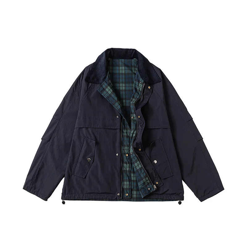 

Осенняя мужская куртка, двусторонняя носимая японская уличная одежда Коран, винтажная клетчатая куртка-карго с лацканами, мужское весеннее пальто