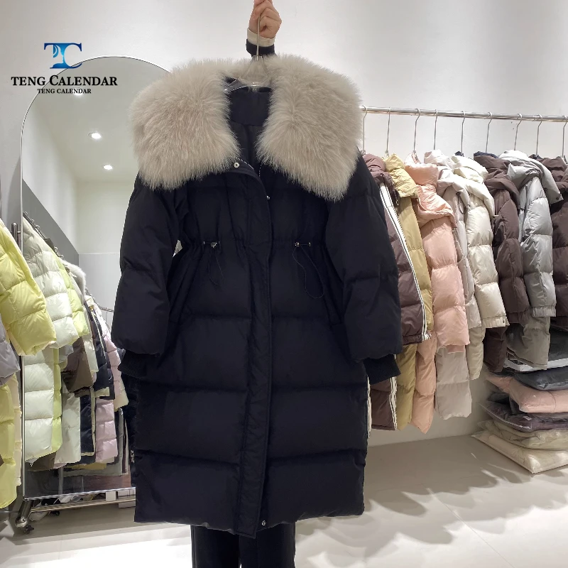 여우털 칼라 다운 재킷, 중간 길이 허리 조임 및 슬림핏 무릎 아래 두꺼운 재킷, 여성용 2025 겨울 신상